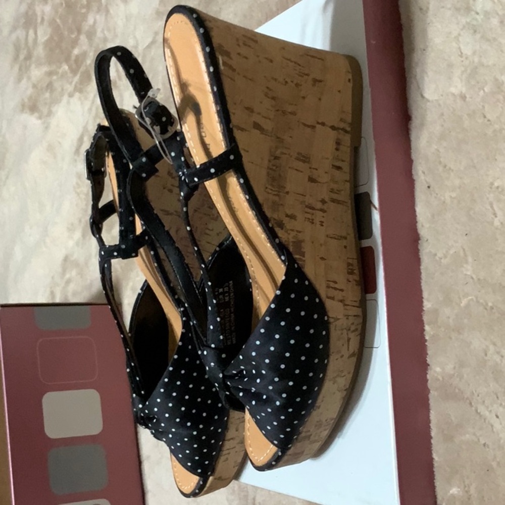 No Boundaries Black Wedge Sandals with Polka Dots and Adjustable Strap